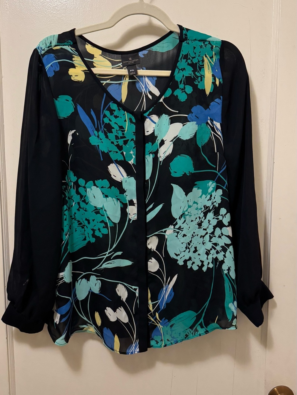 Worthington Black Floral V-Neck Blouse - Teal, Blue & Yellow